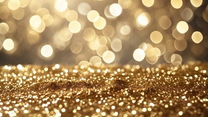 Wall Mural - golden bokeh background with shimmering glitter surface reflecting light in soft focus creating a fe