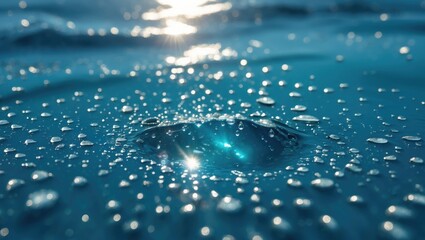 Wall Mural - close-up of water droplet on surface with bokeh effect and sunlight reflection creating a shimmering