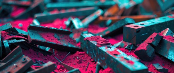 Wall Mural - abstract close-up of colorful metal debris with dust and sediment, featuring angular shapes and vibr