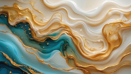 Sticker - abstract fluid art background with layers of turquoise, white, and gold paint creating wave-like pat