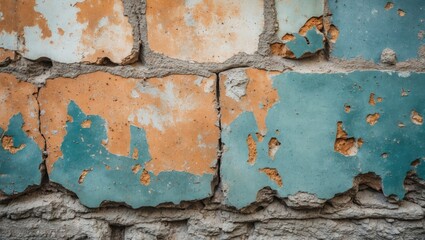 Canvas Print - textured weathered brick wall with peeling paint in turquoise and orange hues, revealing the underly