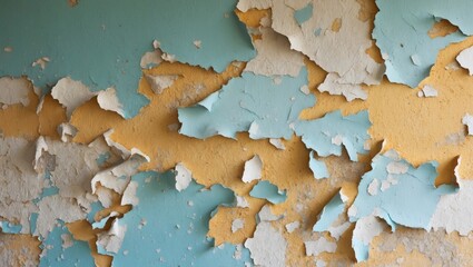 Canvas Print - peeling paint on a textured wall with blue and yellow layers showing signs of wear and decay in a cl