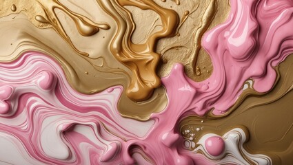 Canvas Print - colorful abstract fluid art with pink, gold, and white paints swirling together on a canvas backgrou
