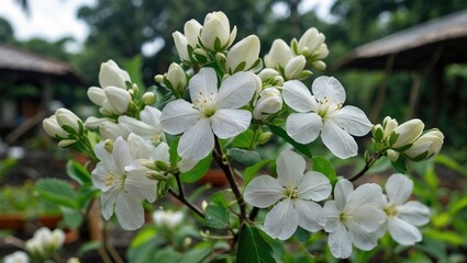 Wall Mural - White flowering plant with delicate blossoms and green foliage in a garden setting with blurred background.