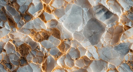 Wall Mural - Textured background of abstract polished white and gray agate stone with natural patterns and golden inclusions