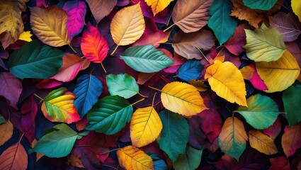 Wall Mural - autumn leaves in various colors and shapes layered on a dark background creating a textured pattern
