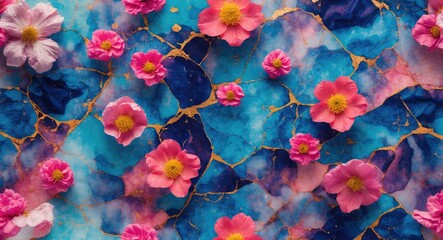 Sticker - colorful abstract background with blue and purple marble texture featuring pink and yellow flowers a