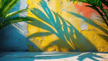 Wall Mural - colorful textured wall with palm shadows creating patterns in sunlight on a concrete surface indoors