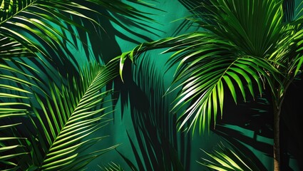 Wall Mural - tropical palm leaves casting shadows on a vibrant green wall in natural sunlight