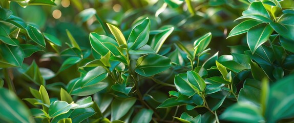 Wall Mural - close-up view of vibrant green foliage with glossy leaves in a natural setting illuminated by soft s