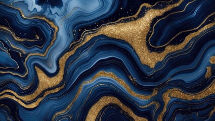 Wall Mural - blue wave marble texture with golden veins and accents in abstract design for backgrounds and surfac
