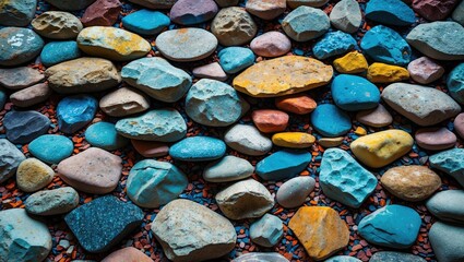 Sticker - Colorful textured pebbles and stones background in various shapes and sizes arranged on the surface for decorative purposes