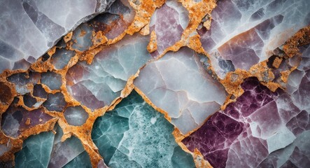 Wall Mural - Colorful mineral texture background with shades of purple, green, and orange intricate patterns and natural formations in stone.