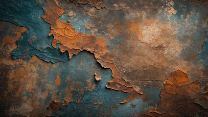 Wall Mural - Textured peeling paint in earthy tones of orange, blue, and brown on a weathered surface close-up background