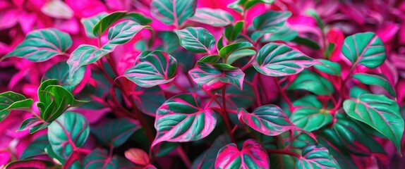 Wall Mural - colorful close-up of vibrant leaves with intricate patterns in shades of green and pink, showcasing 