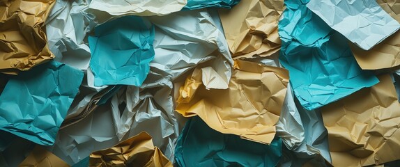 Canvas Print - Crumpled colored paper background in shades of blue and gold for texture and pattern design use
