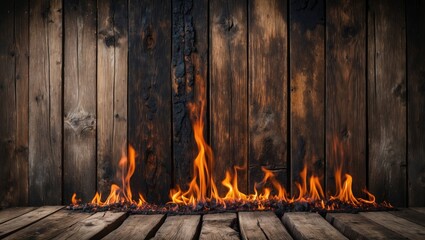 Wall Mural - flames burning along a rustic wooden floor with dark wooden wall background in a warm and dramatic l