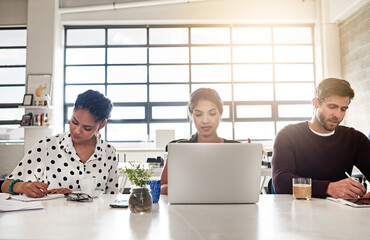 Aufkleber - Collaboration, laptop and project management with designer people in office together for planning. Documents, writing and strategy with business team at desk in creative workplace for web design