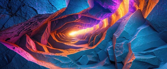 Wall Mural - colorful illuminated cave with jagged rock formations and glowing light source at the end creating a