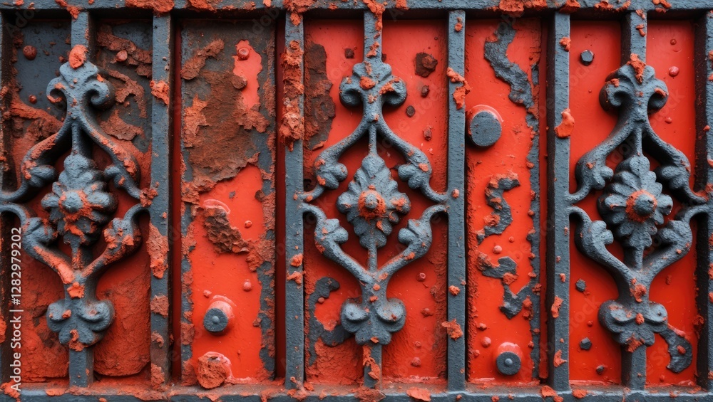 Rusty ornamental metal gate with red paint peeling off and decorative ...