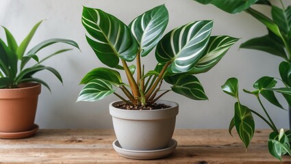 Wall Mural - Green indoor plant in decorative pot on wooden table with other plants in the background, natural light setting, home decor concept