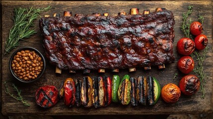 Wall Mural - Barbecued Pork Ribs with Roasted Vegetables and Beans on Rustic Wood Surface in Warm Lighting For Restaurant Menu