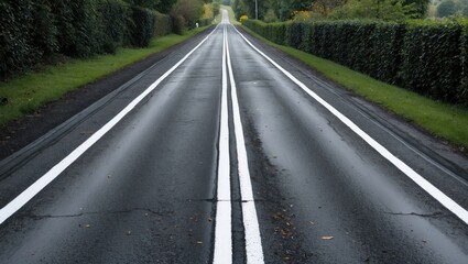 Wall Mural - Empty rural road with white markings surrounded by greenery under overcast skies. Long perspective view showcasing asphalt surface.