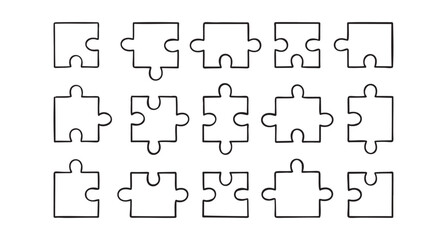 puzzle pieces doodle hand drawn icon set. Outline drawing puzzle pieces line clipart symbol collection