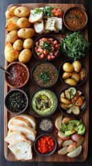 Wall Mural - Overhead Shot of Gourmet Appetizer Platter with Potatoes Bread Avocado Dips and Sauces Arranged on a Dark Wooden Tray for a Culinary Presentation