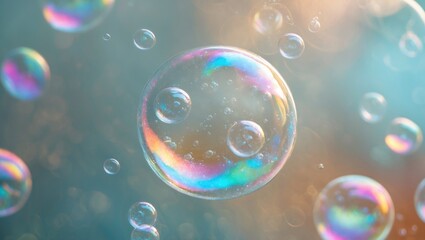 Colorful soap bubbles on a soft blurred background with light reflections and highlights showing spherical shapes and water droplets.