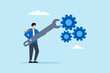 © VZ_Art - Flat illustration businessman hold wrench to adjust cogwheel symbolizing optimization for business improvement