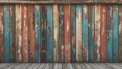 Aufkleber - weathered wooden wall with blue red and brown vertical planks and wooden floorboards in rustic interior design