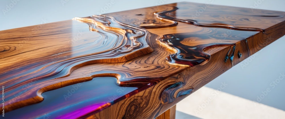 Wooden table with epoxy resin river design in vibrant colors and ...