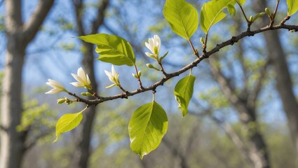 Aufkleber - Blooming branch with white flowers and fresh green leaves against a blurred background of trees in spring season.