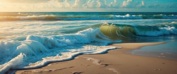 Aufkleber - Waves crashing on sandy beach under blue sky with fluffy clouds during golden hour lighting showcasing ocean texture and tranquility