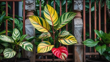 Poster - Colorful leaves of Calathea plant in decorative pots against wooden fence with green foliage background in a garden setting.