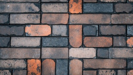 Poster - Patterned surface of textured bricks in various earthy tones including orange, brown, and gray arranged in a geometric layout.
