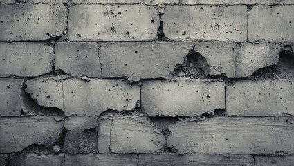 Poster - Gray concrete wall with distressed texture featuring cracks and holes in a monochromatic tone