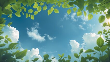Poster - Green leafy branches framing a bright blue sky with fluffy white clouds on a sunny day in a natural environment.