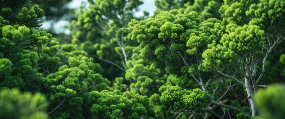 Poster - Lush green foliage of coniferous trees in a dense forest setting with vibrant textures and natural light filtering through the branches