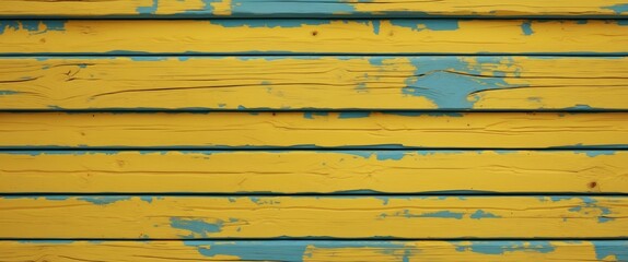 Aufkleber - Wooden planks painted in yellow and blue with a weathered texture displaying peeling and chipped paint