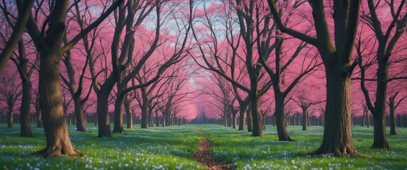 Poster - Pink blossom trees lining a pathway with vibrant green grass and blue flowers in springtime natural landscape setting