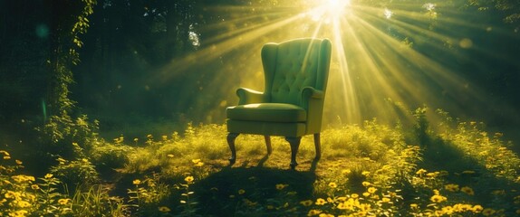 Poster - Green vintage armchair in a sunlit forest clearing surrounded by wildflowers with beams of light illuminating the scene