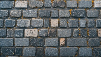 Poster - Textured cobblestone pavement with scattered debris and variations in stone colors and sizes. High-resolution ground surface pattern.