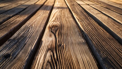 Aufkleber - Close-up view of weathered wooden planks with visible grain patterns and texture in natural light on a surface