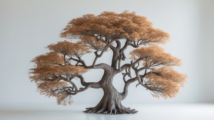 Aufkleber - Detailed 3D model of a large, stylized tree with intricate branches and textured leaves in varying shades of brown against a light background.