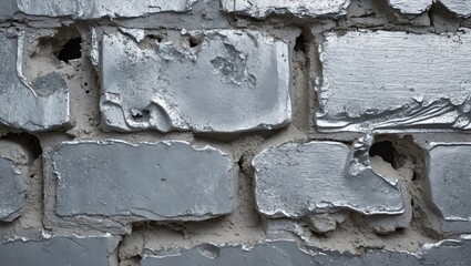 Aufkleber - Close-up view of aged and weathered gray brick wall with peeling paint and visible holes in the mortar