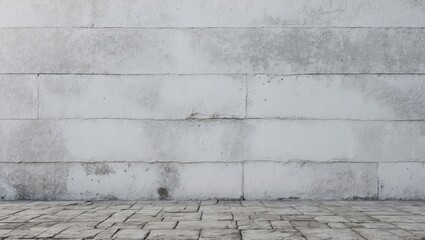 Poster - Textured white wall with visible cracks and stains against a cobblestone floor in an empty space.