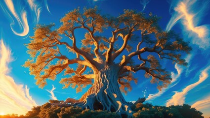 Aufkleber - Majestic large tree with wide branches against a vibrant sunset sky with swirling clouds in a natural landscape setting