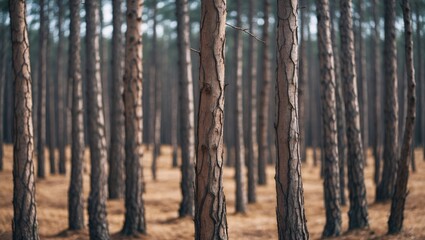Poster - Pine tree forest with straight trunks and natural lighting creating a serene atmosphere in the woods during daytime